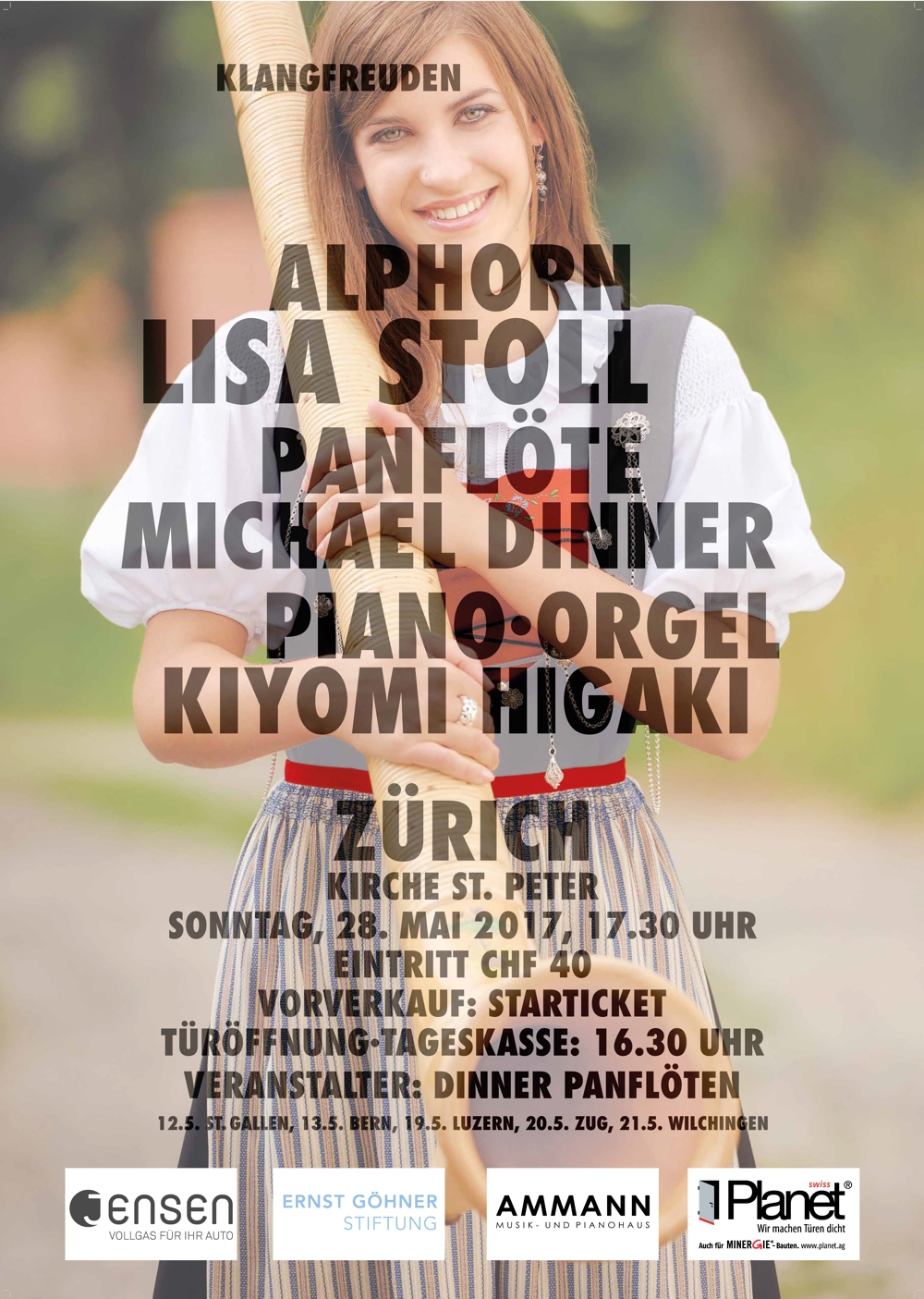 Lisa Stoll Alphorn, Michael Dinner Panflöte, Kiyomi Higaki Orgel - Konzertplakat